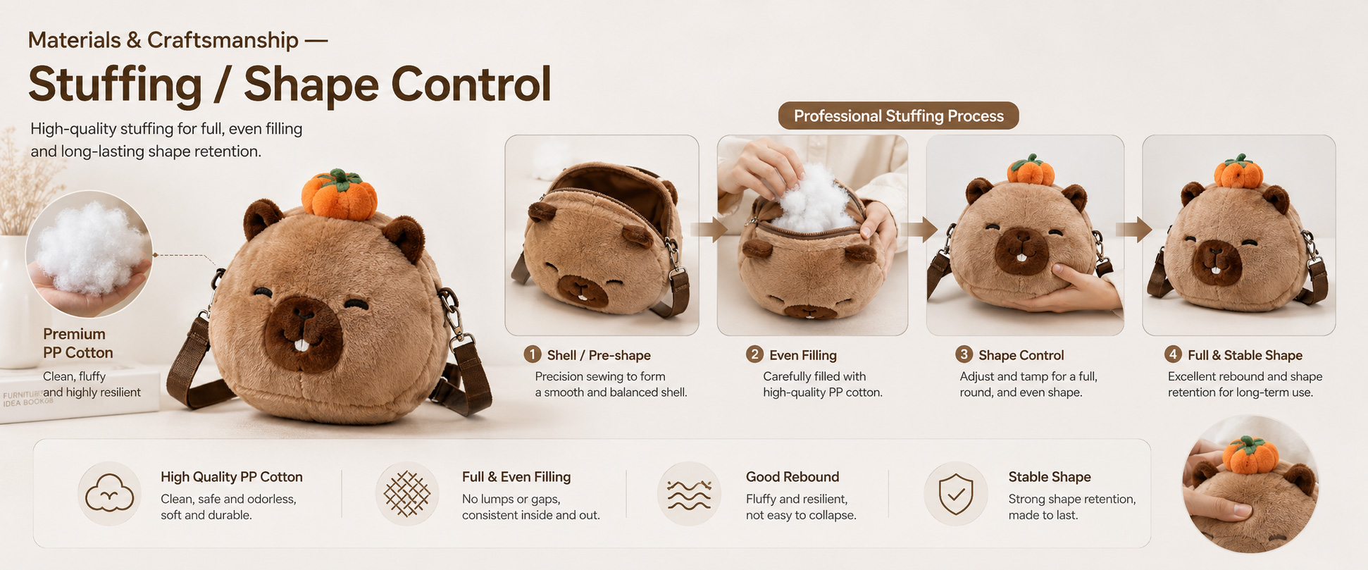 Materials and Craftsmanship

For a Custom Cute Plush Backpack, soft plush texture, clean animal shaping, strong shoulder strap attachment, smooth zipper, neat lining, and durable stitching are important.