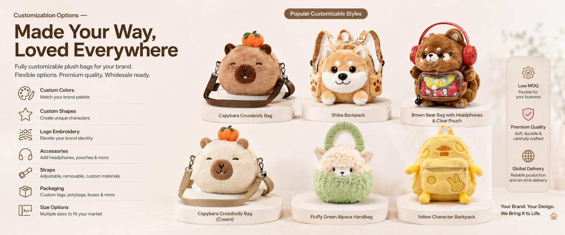 Animal Design	Bear, Rabbit, Cat, Dog, Panda, Dinosaur, Fox, Lion, Frog, Unicorn, or Buyer-Owned Animal Character
Size Options	Toddler Size, Kids’ Size, Mini Gift Size, School Accessory Size, Travel Bag Size, or Custom Dimensions
Fabric Choice	Super Soft Plush, Short Plush, Minky Fabric, Sherpa Plush, Faux Fur Plush, PV Fleece, or Buyer-Specified Textile