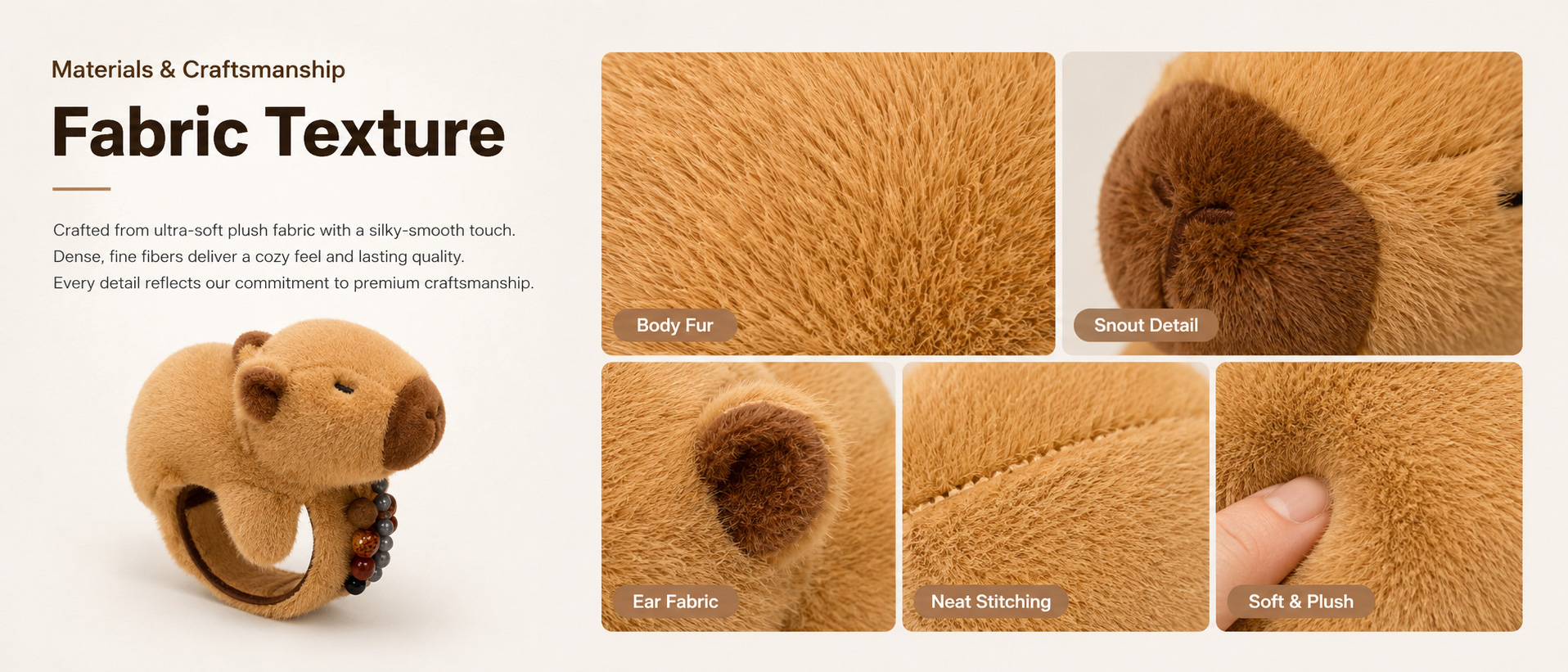 Materials and Craftsmanship

For a Guinea Pig Plush Slap Bracelet, soft fabric, smooth wristband wrapping, secure stitching, comfortable plush padding, and clean animal details are important.