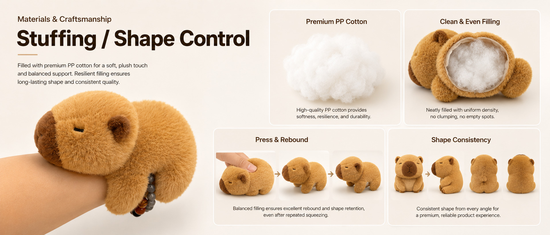 Materials and Craftsmanship

For a Guinea Pig Plush Slap Bracelet, soft fabric, smooth wristband wrapping, secure stitching, comfortable plush padding, and clean animal details are important.