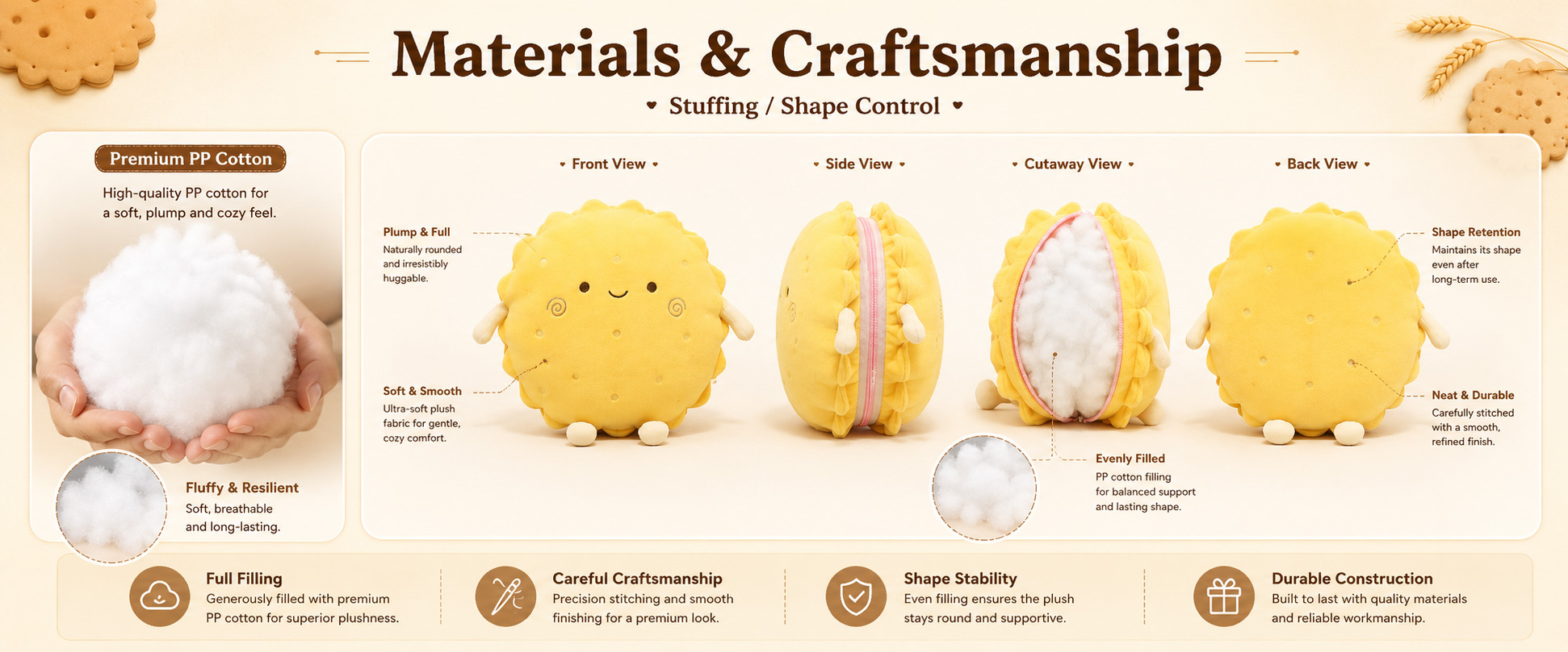 Materials and Craftsmanship For a Cute Biscuit Plush Pillow, soft fabric, comfortable cushion shape, cute character expression, clean stitching, and balanced filling are very important. Materials and Craftsmanship
For a Cute Biscuit Plush Pillow, soft fabric, comfortable cushion shape, cute character expression, clean stitching, and balanced filling are very important.