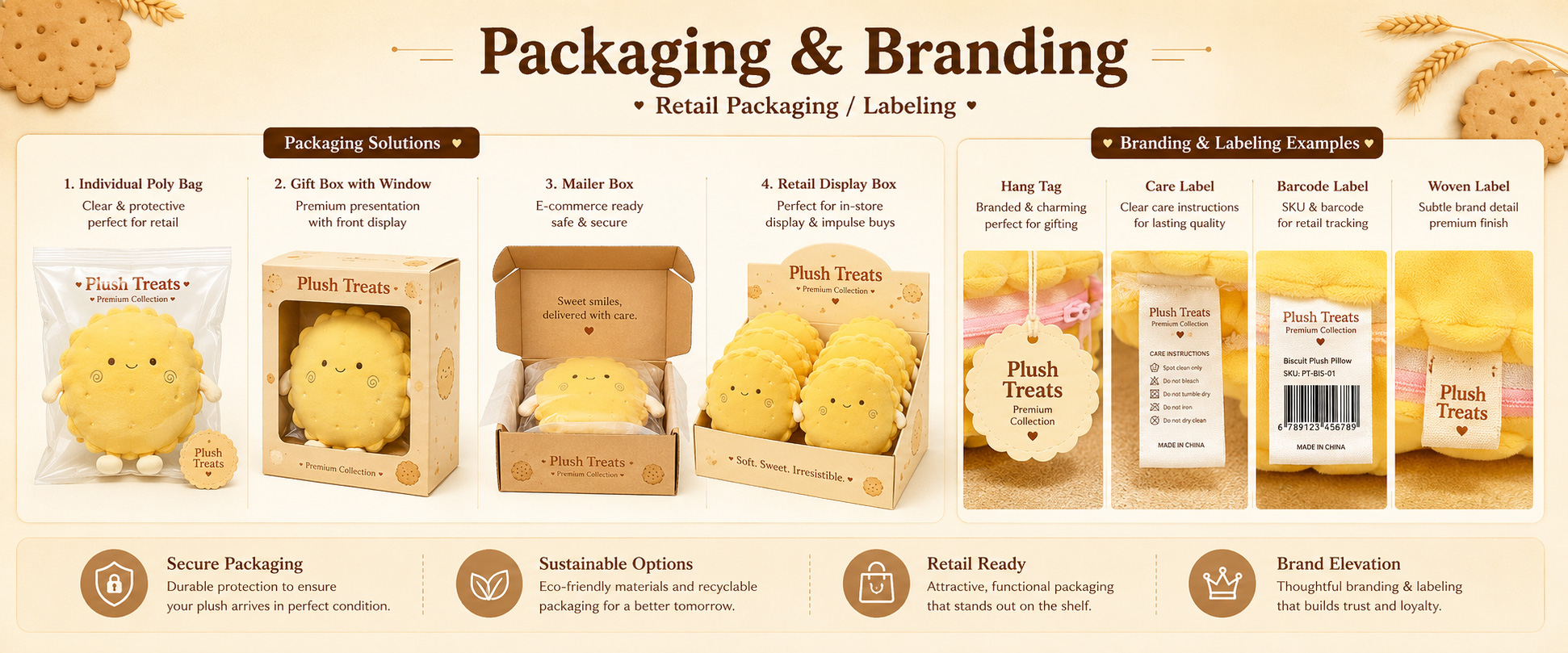 Individual Poly Bag Protects each plush pillow during storage, shipping, and wholesale handling Custom Hang Tag Adds logo, barcode, product name, character story, care details, and retail information Woven Label Supports private label branding and professional plush cushion identity Individual Poly Bag Protects each plush pillow during storage, shipping, and wholesale handling
Custom Hang Tag Adds logo, barcode, product name, character story, care details, and retail information
Woven Label Supports private label branding and professional plush cushion identity