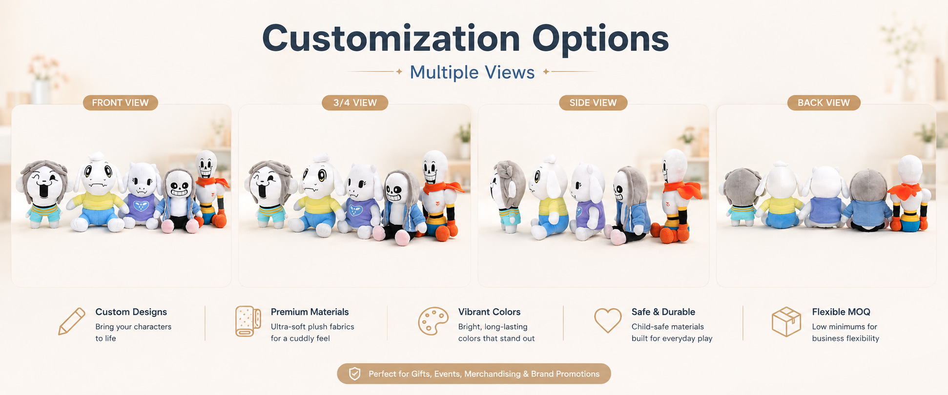 Character Style	Anime Character, Game Character, Mascot Plush, Cartoon Doll, Pixel Character, Monster Plush, or Custom Character
Size Options	Mini Plush, Medium Plush, Large Plush, Keychain Plush, Collectible Plush, or Custom Dimensions
Fabric Choice	Short Plush, Super Soft Plush, Minky Fabric, Crystal Plush, PV Fleece, Smooth Plush, or Fluffy Plush