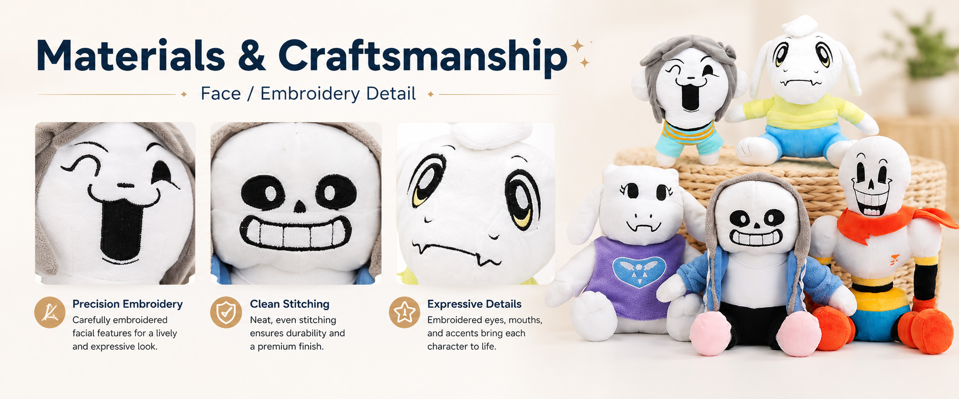 Materials and Craftsmanship

For an Anime Game Character Plush Doll, character accuracy, fabric softness, color matching, facial details, and shape control are very important.