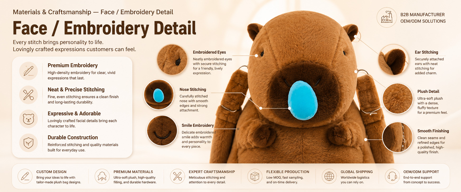 Materials and Craftsmanship

For a Cute Plush Storage Bag, soft plush texture, neat stitching, stable zipper, comfortable strap design, and clean cartoon shaping are important.