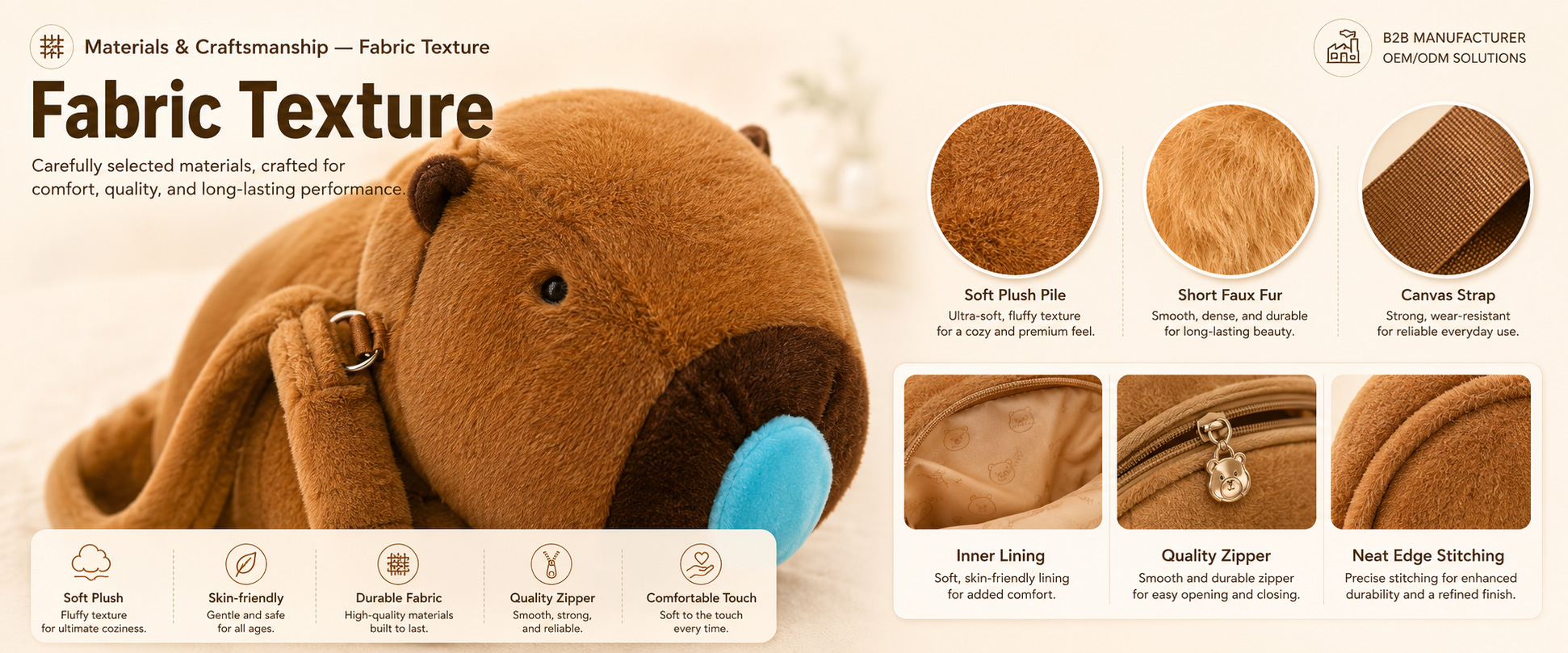 Materials and Craftsmanship

For a Cute Plush Storage Bag, soft plush texture, neat stitching, stable zipper, comfortable strap design, and clean cartoon shaping are important.