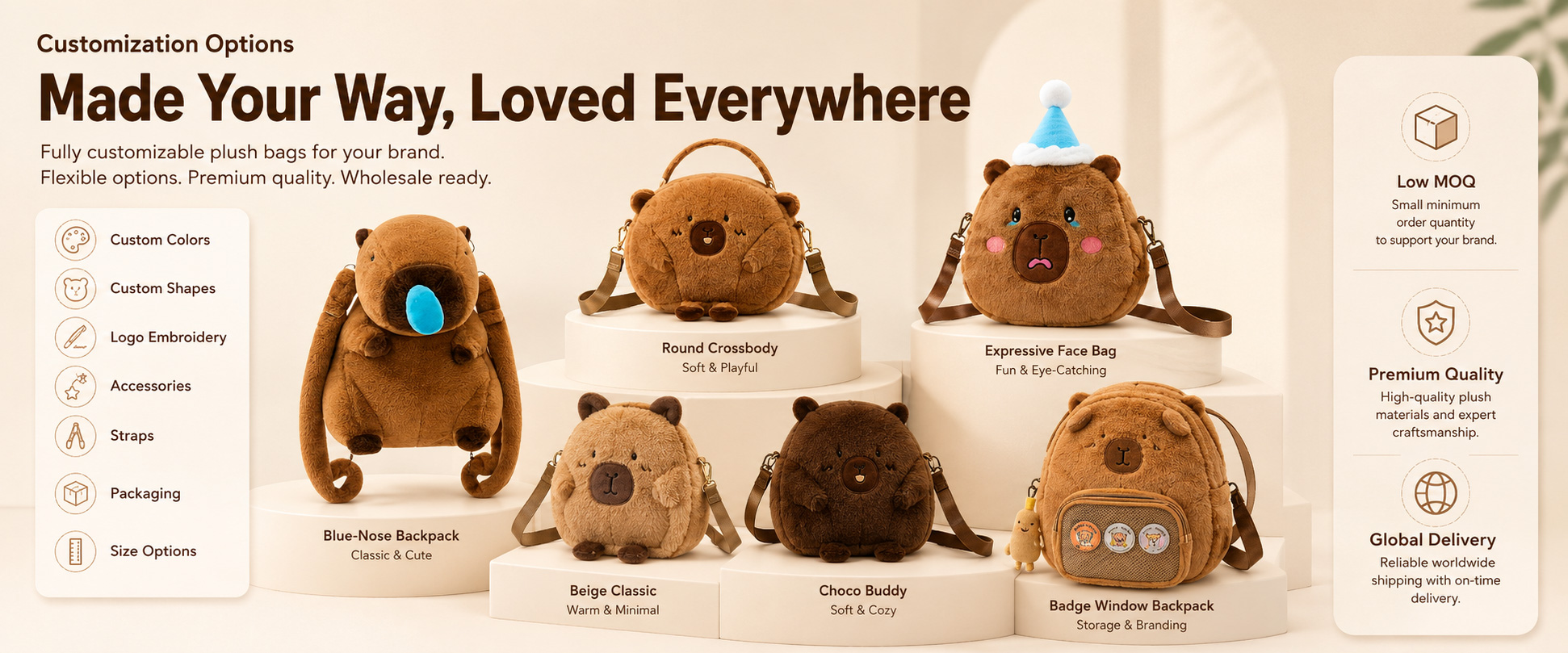 Bag Design	Cartoon Backpack, Animal Bag, Mini Storage Bag, Plush Pouch, Birthday Gift Bag, or Buyer-Owned Design
Size Options	Mini Gift Size, Kids’ Storage Size, Travel Accessory Size, Backpack Style Size, or Custom Dimensions
Fabric Choice	Super Soft Plush, Short Plush, Minky Fabric, Sherpa Plush, Faux Fur Plush, PV Fleece, or Buyer-Specified Textile