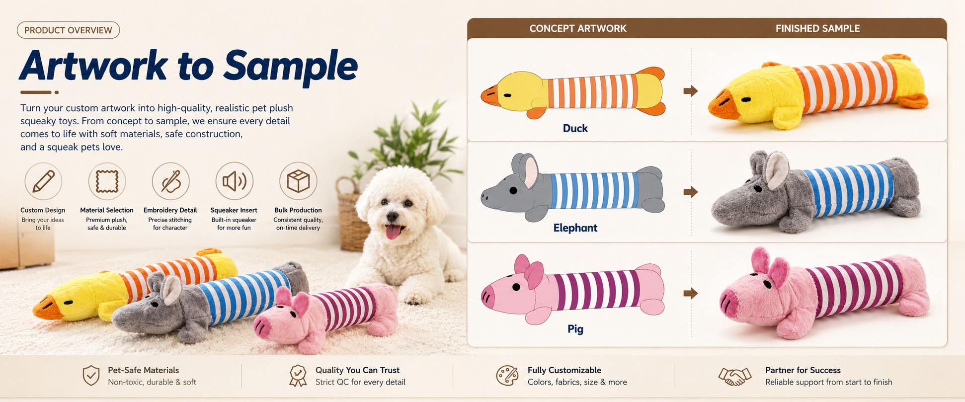 Our Interactive Plush Squeaky Dog Toy is designed for pet product brands, pet stores, supermarkets, online sellers, cross-border e-commerce buyers, subscription box suppliers, and private label pet toy companies. Our Interactive Plush Squeaky Dog Toy is designed for pet product brands, pet stores, supermarkets, online sellers, cross-border e-commerce buyers, subscription box suppliers, and private label pet toy companies.