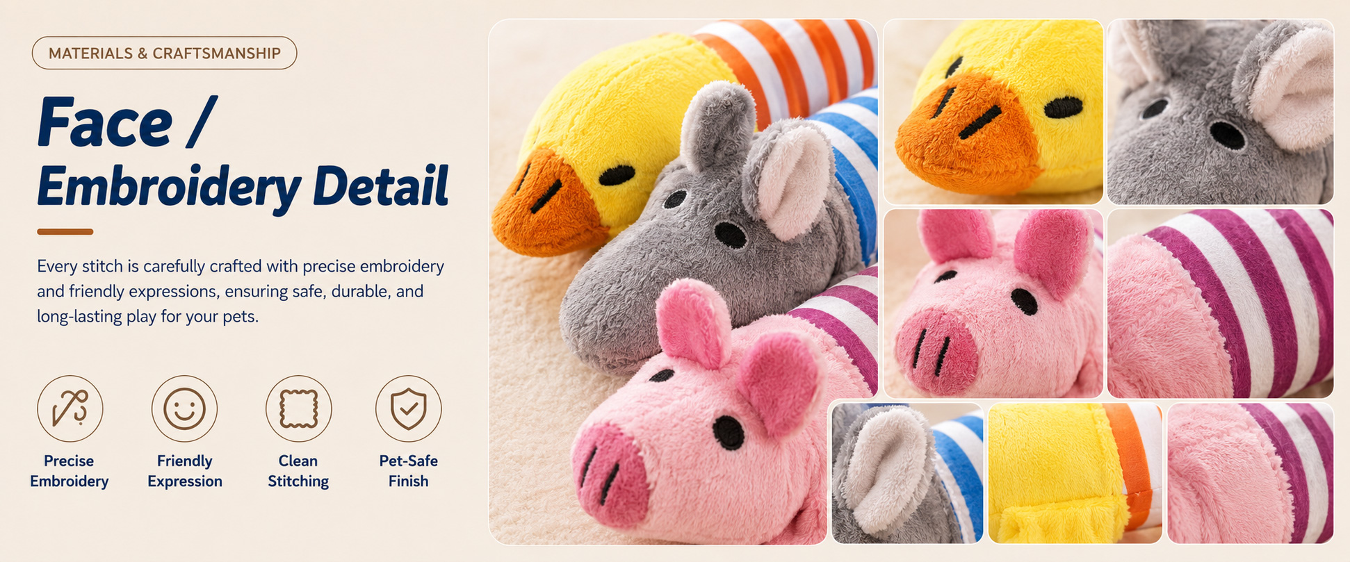 Materials and Craftsmanship For an Interactive Plush Squeaky Dog Toy, soft but durable fabric, secure stitching, stable squeaker placement, clean cartoon shaping, and pet-friendly structure are important.