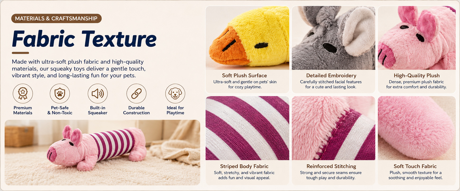 Materials and Craftsmanship For an Interactive Plush Squeaky Dog Toy, soft but durable fabric, secure stitching, stable squeaker placement, clean cartoon shaping, and pet-friendly structure are important.