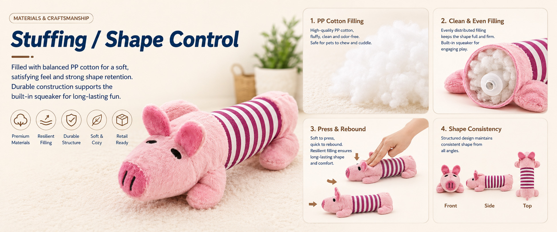 Materials and Craftsmanship For an Interactive Plush Squeaky Dog Toy, soft but durable fabric, secure stitching, stable squeaker placement, clean cartoon shaping, and pet-friendly structure are important. Materials and Craftsmanship For an Interactive Plush Squeaky Dog Toy, soft but durable fabric, secure stitching, stable squeaker placement, clean cartoon shaping, and pet-friendly structure are important.
