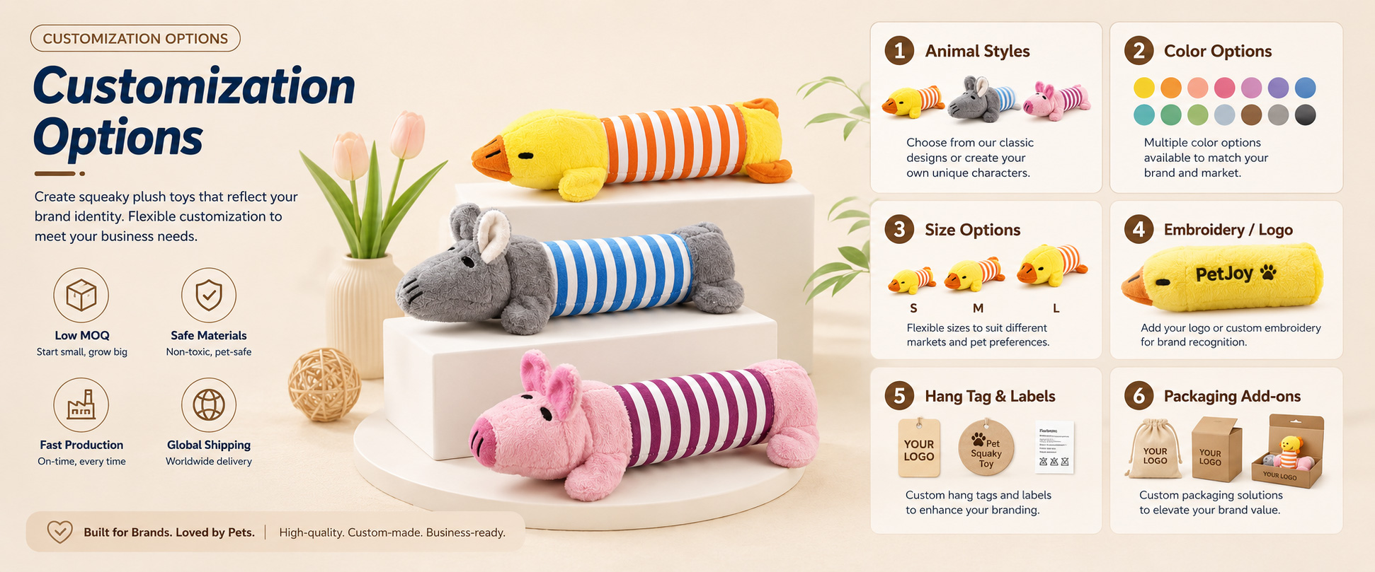 Animal Shape Dog, Duck, Bear, Rabbit, Fox, Pig, Fish, Dinosaur, Bone Shape, or Buyer-Owned Cartoon Animal Design Dog Size Target Small Dogs, Puppies, Medium Dogs, Gentle Chewers, Indoor Pets, or Buyer-Specified Pet Size Range Fabric Choice Short Plush, PV Fleece, Corduroy, Canvas Panel, Oxford Fabric, Super Soft Plush, or Custom Textile