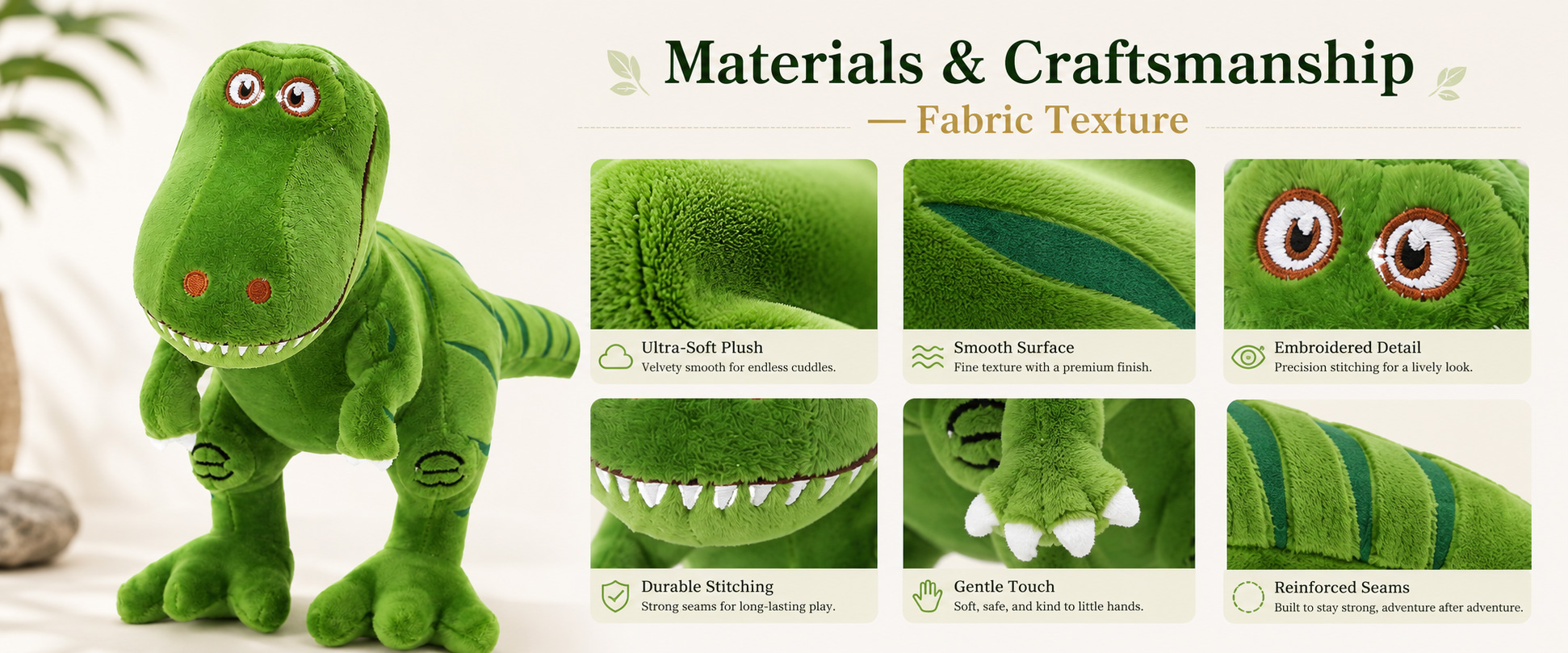 Materials and Craftsmanship As a dinosaur plush toy manufacturer, we focus on fabric selection, realistic body shape, balanced filling, neat stitching, and clean detail construction.