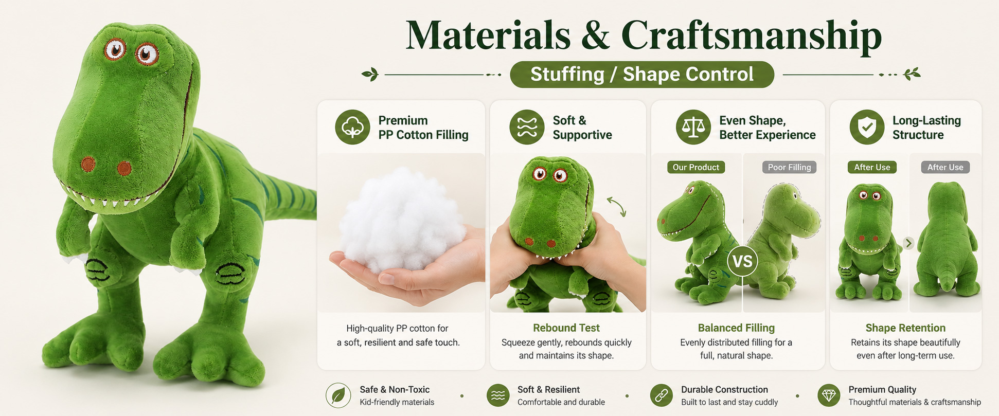Materials and Craftsmanship As a dinosaur plush toy manufacturer, we focus on fabric selection, realistic body shape, balanced filling, neat stitching, and clean detail construction.