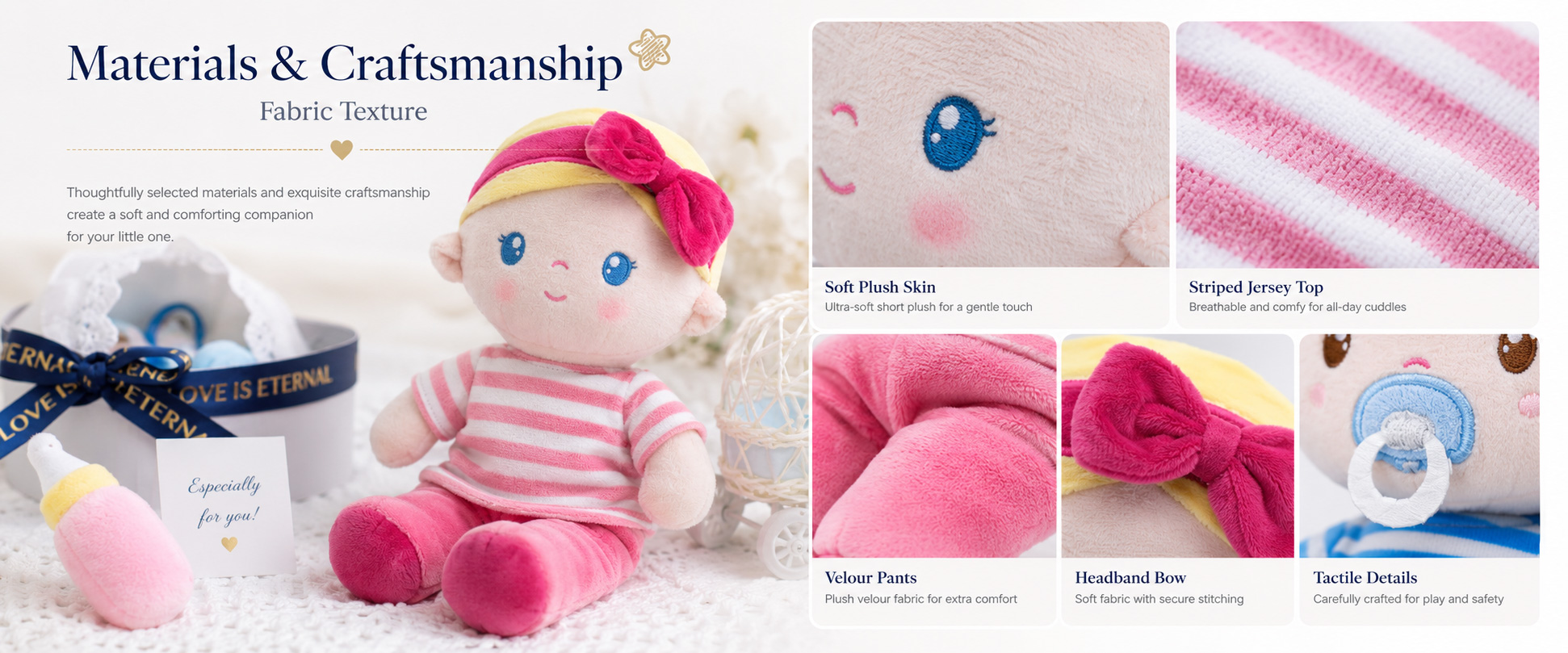 Materials and Craftsmanship

For a Baby Plush Doll, soft fabric, simple structure, clean stitching, balanced filling, and gentle facial details are very important.
