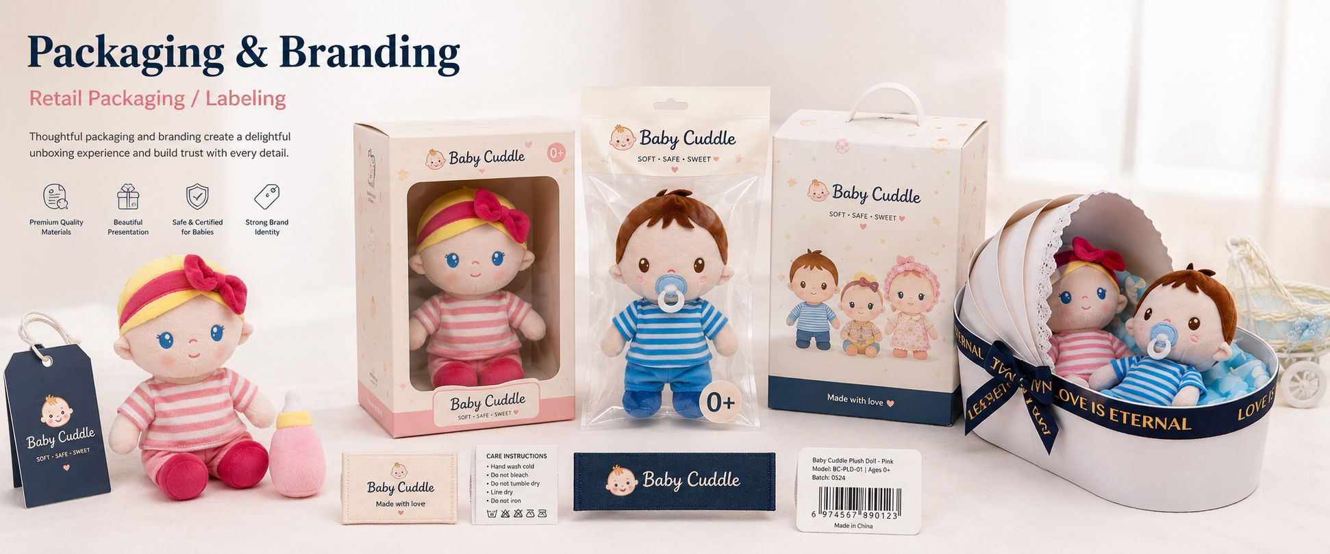 Individual Poly Bag Protects each baby plush doll during storage, shipping, and wholesale handling Care Label Shows material information, care instructions, age grade, and basic product details Woven Label Supports private label branding and professional baby product presentation Individual Poly Bag Protects each baby plush doll during storage, shipping, and wholesale handling
Care Label Shows material information, care instructions, age grade, and basic product details
Woven Label Supports private label branding and professional baby product presentation