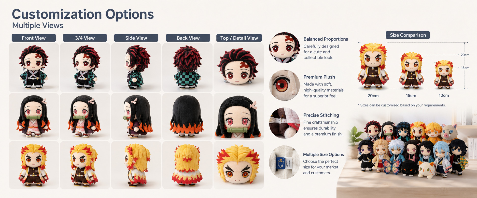 Character Design Anime Style Character, Cartoon Animal, Cute Mascot, Game Style Doll, or Custom Stuffed Animal Size Options 8 Inch, 20cm, Mini Size, Claw Machine Size, Keychain Size, or Custom Dimensions Fabric Choice Super Soft Plush, Short Plush, Crystal Plush, Minky Fabric, PV Fleece, or Smooth Plush Character Design Anime Style Character, Cartoon Animal, Cute Mascot, Game Style Doll, or Custom Stuffed Animal
Size Options 8 Inch, 20cm, Mini Size, Claw Machine Size, Keychain Size, or Custom Dimensions
Fabric Choice Super Soft Plush, Short Plush, Crystal Plush, Minky Fabric, PV Fleece, or Smooth Plush