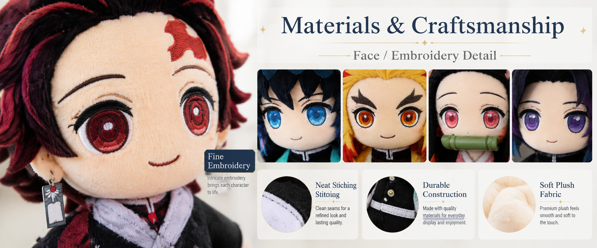 Materials and Craftsmanship

For an 8 Inch Anime Plush Toy, soft fabric, cute expression, clean stitching, and accurate small-size shaping are important.