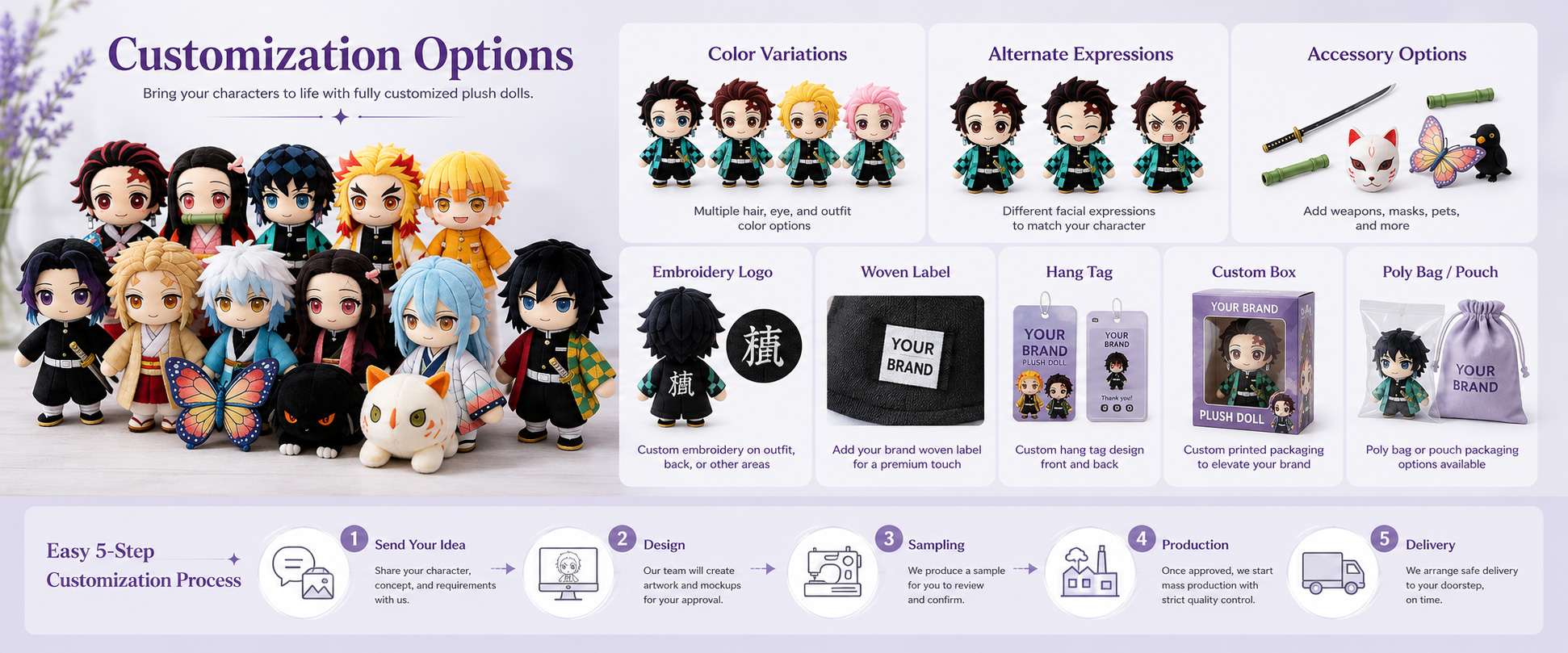 Character Design	Anime Style Character, Cartoon Animal, Cute Mascot, Game Style Doll, or Custom Stuffed Animal
Size Options	8 Inch, 20cm, Mini Size, Claw Machine Size, Keychain Size, or Custom Dimensions
Fabric Choice	Super Soft Plush, Short Plush, Crystal Plush, Minky Fabric, PV Fleece, or Smooth Plush