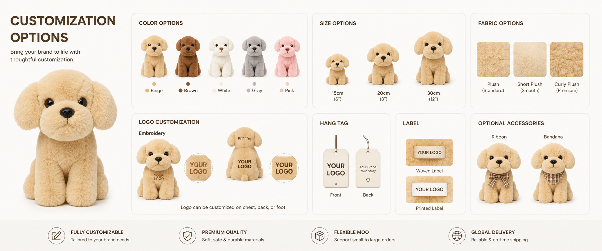 Dog Breed Style	Spaniel, Poodle, Husky, Labrador, Bulldog, Shiba, Corgi, or Custom Puppy Design
Shape Design	Sitting Puppy, Standing Dog, Lying Puppy, Cartoon Dog, Realistic Dog, or Mascot Shape
Fabric Choice	Short Plush, Long Plush, Super Soft Plush, PV Fleece, Smooth Plush, or Fluffy Plush