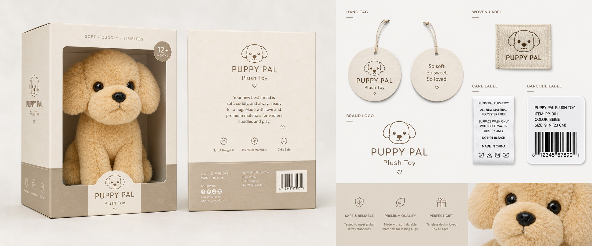 Individual Poly Bag	Protects each dog plush toy during storage and shipment
Custom Hang Tag	Adds product information, barcode, logo, puppy name, and retail details
Collar Tag	Creates a pet-style look and can include brand name or dog character name