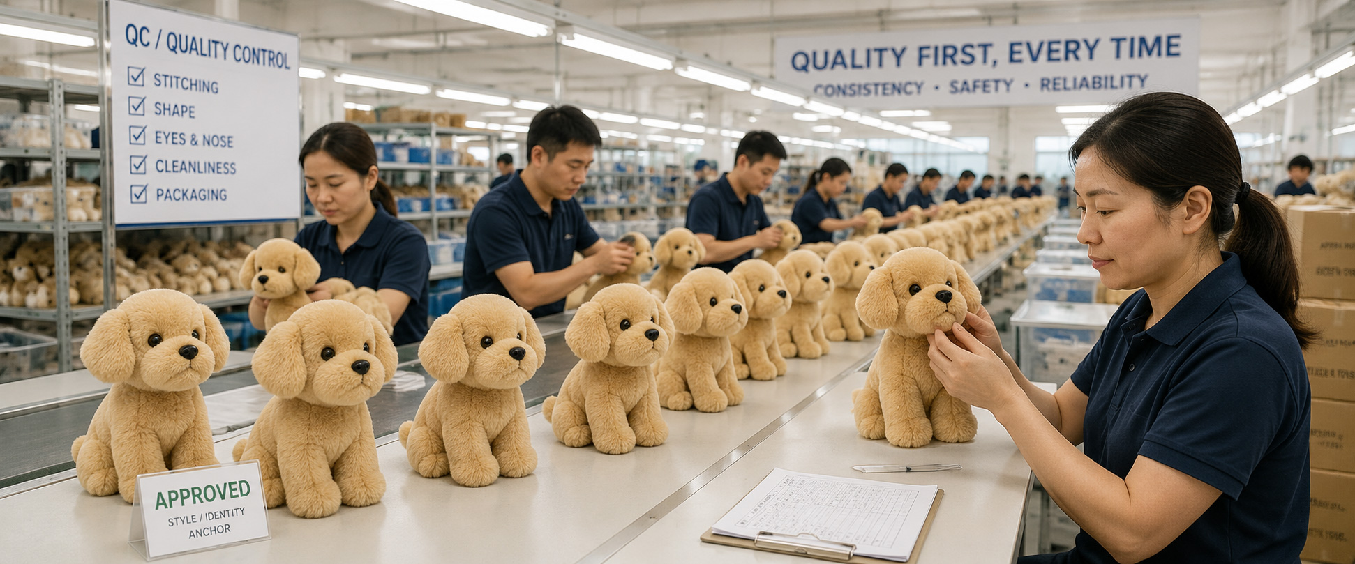 Material Check	Fabric softness, fur texture, color consistency, and material quality
Sample Review	Dog shape, puppy face, ear style, body size, and overall appearance
Sewing Check	Stitching quality, seam strength, paw details, and plush toy structure