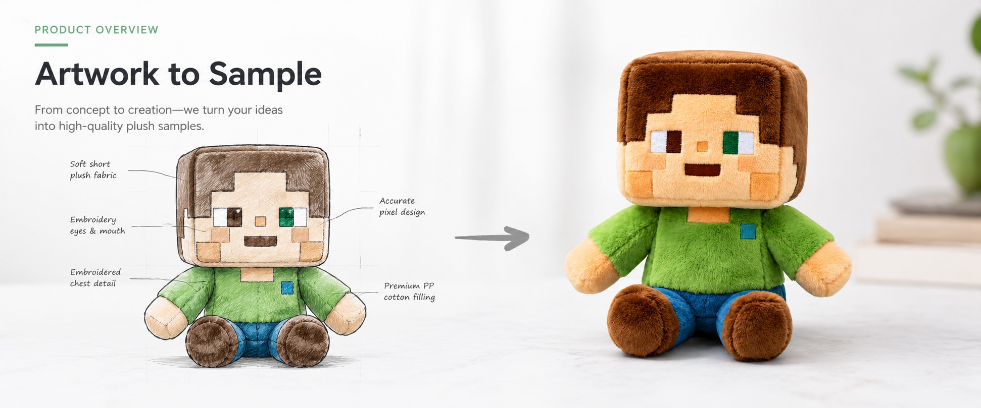 Our Custom Game Character Plush Toy is designed for game studios, IP owners, merchandise brands, toy retailers, online sellers, fan gift suppliers, and promotional buyers who want to turn a game character, pixel zombie, mascot, or digital artwork into a soft plush product.