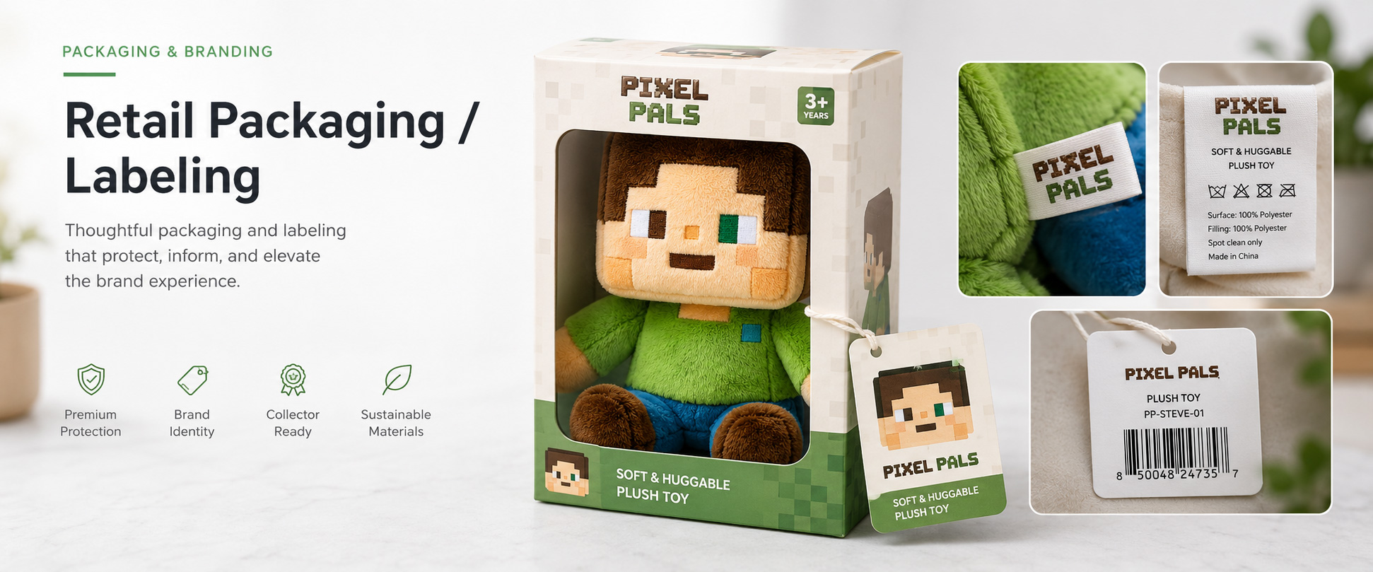 Individual Poly Bag Protects each game character plush during storage and shipment Custom Hang Tag Adds game logo, character name, collection story, barcode, care information, and retail details Gift Box Suitable for fan gifts, game merchandise, event giveaways, and premium retail programs