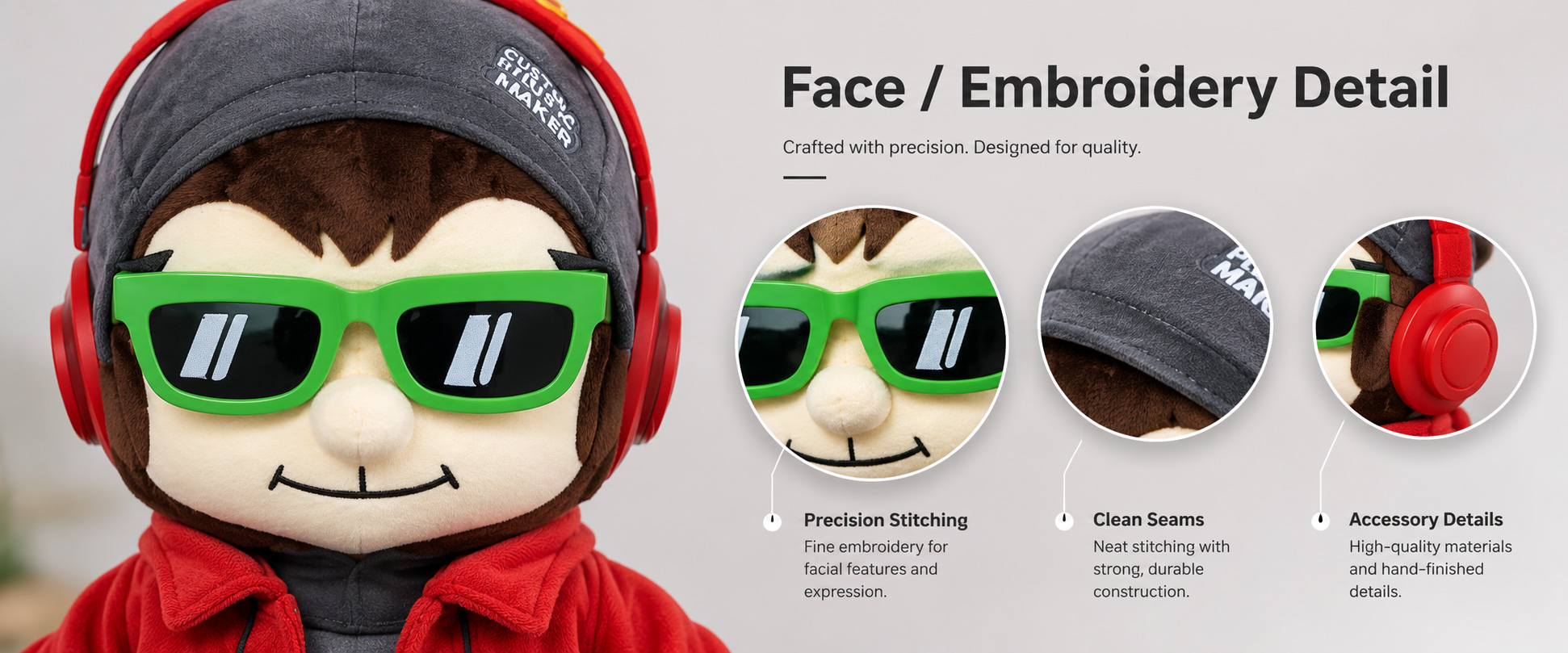 Materials and Craftsmanship For a Custom Mascot Plush, accurate shape, brand color matching, soft fabric, clean stitching, and detailed finishing are important.