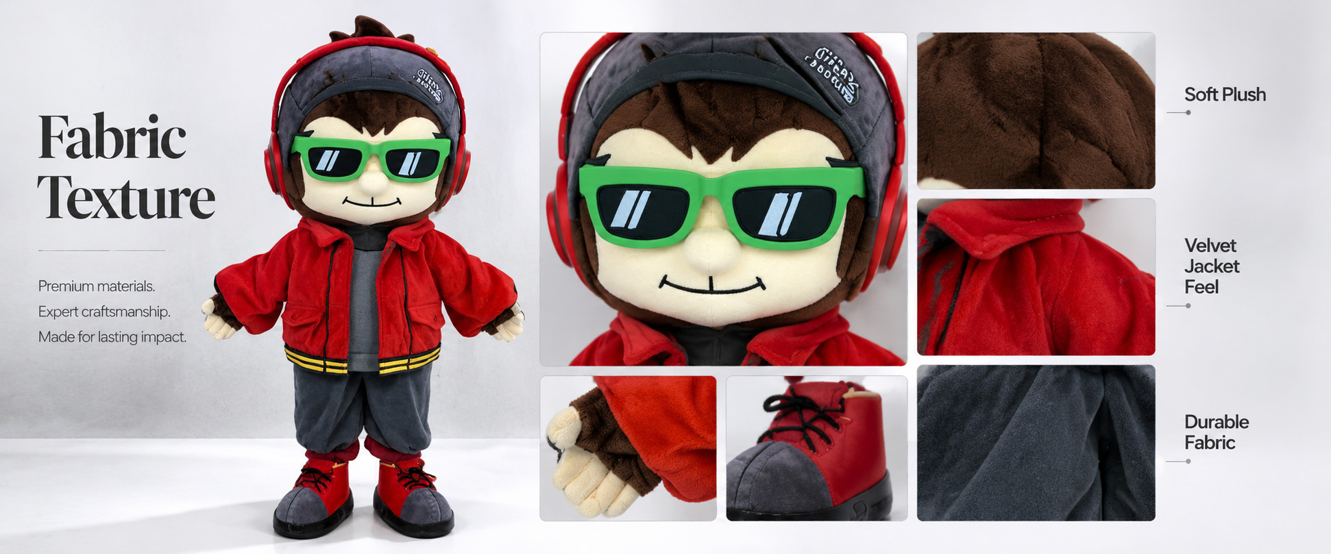 Materials and Craftsmanship For a Custom Mascot Plush, accurate shape, brand color matching, soft fabric, clean stitching, and detailed finishing are important.