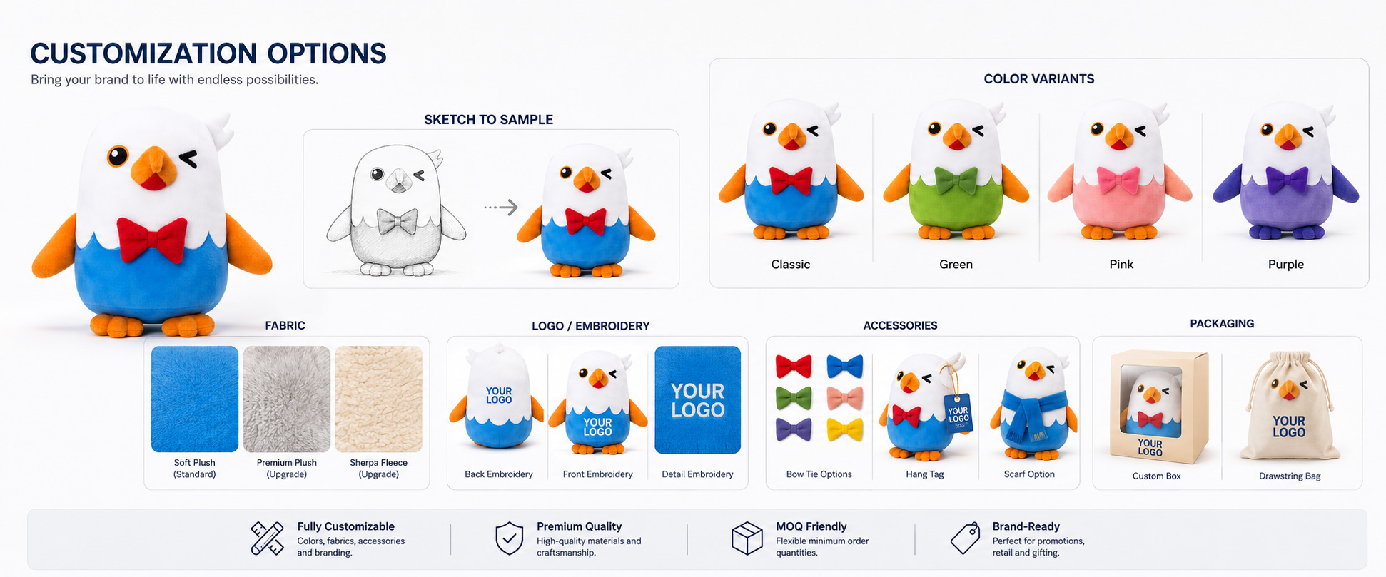 This custom character plush toy can be adjusted according to buyer artwork, brand identity, target market, and budget.