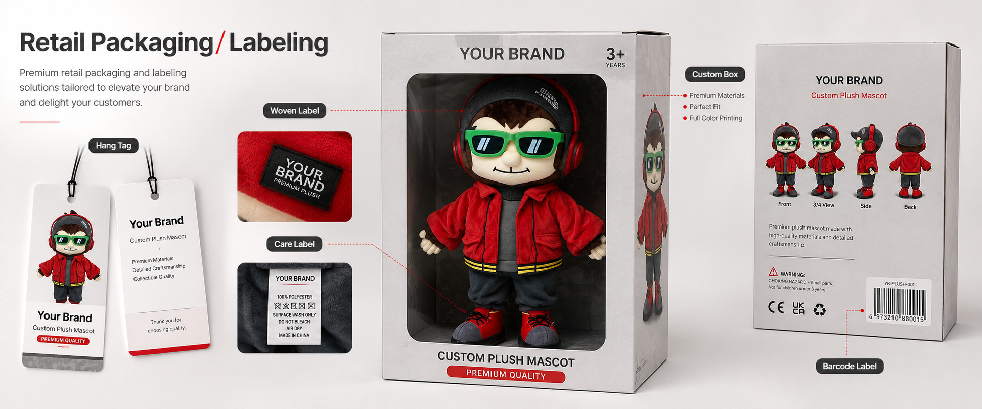 Individual Poly Bag Protects each mascot plush during storage and shipment Custom Hang Tag Adds mascot story, brand message, barcode, logo, campaign name, or retail details Gift Box Suitable for brand gifts, school gifts, team merchandise, and premium campaign packs Individual Poly Bag Protects each mascot plush during storage and shipment Custom Hang Tag Adds mascot story, brand message, barcode, logo, campaign name, or retail details Gift Box Suitable for brand gifts, school gifts, team merchandise, and premium campaign packs