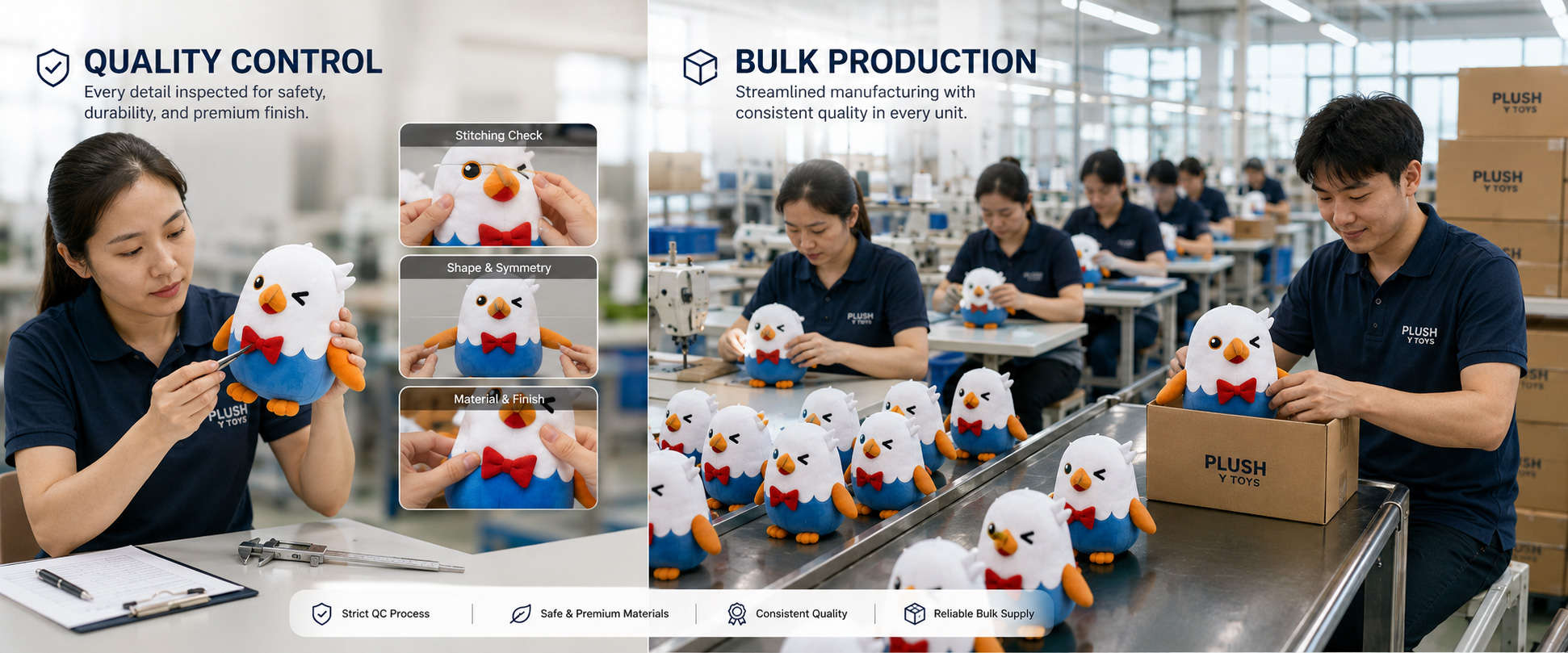 Quality control is important for custom mascot plush orders because buyers need consistent shape, softness, color, embroidery, printing, accessories, and packaging quality across bulk production.