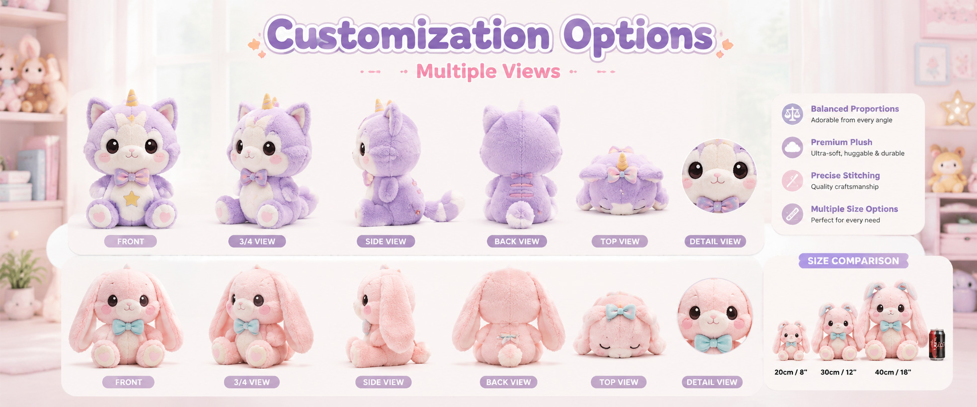 Character Design	Anime Character, Cartoon Doll, Game Character, Mascot Plush, Cute Girl Doll, Fantasy Character, or Custom Design
Size	Mini Plush, Medium Plush, Large Plush, Keychain Plush, Collectible Plush, or Custom Dimensions
Fabric Choice	Super Soft Plush, Short Plush, Minky Fabric, Crystal Plush, PV Fleece, Smooth Plush, or Fluffy Plush