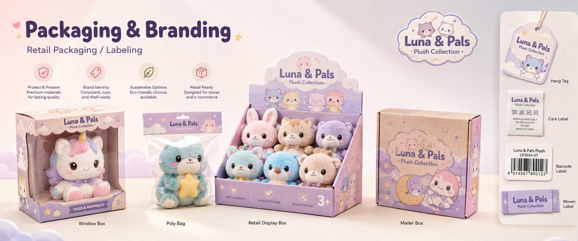 Individual Poly Bag	Protects each anime plush doll during storage, shipping, and wholesale handling
Custom Hang Tag	Adds logo, barcode, product name, character story, care details, and retail information
Woven Label	Supports private label branding and professional plush toy identity
