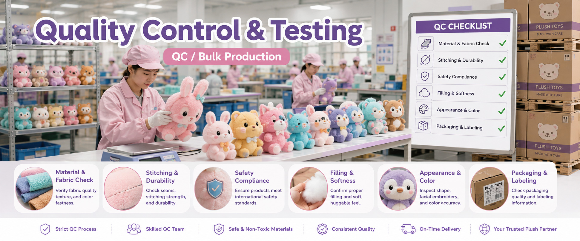 Artwork Matching	Character shape, face expression, hair design, clothing details, color matching, and overall appearance
Material Check	Fabric softness, color consistency, texture, and material quality
Sewing Check	Stitching quality, seam strength, edge finishing, and plush toy structure