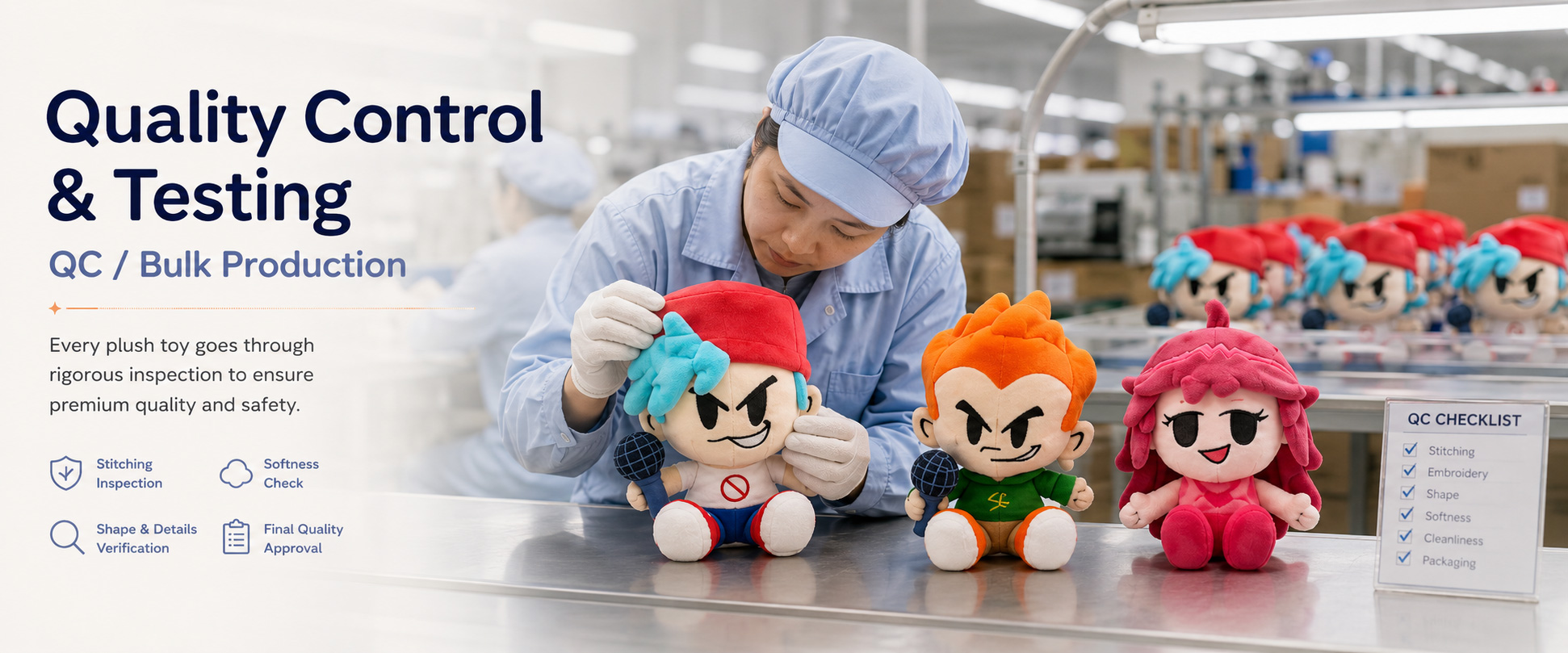 Artwork Matching Character shape, face expression, clothing design, color matching, and overall artwork accuracy Material Check Fabric softness, color consistency, texture, and material quality Sewing Check Stitching quality, seam strength, edge finishing, and plush toy structure