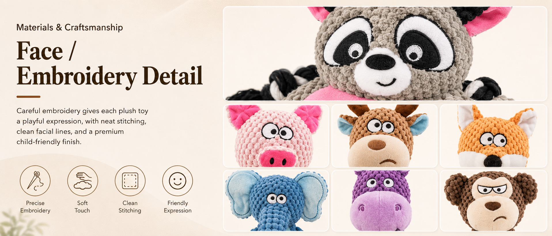 Materials and Craftsmanship

For an OEM Pet Dog Plush Toy, fabric durability, clean stitching, stable squeaker placement, safe structure, and cute cartoon shaping are important.