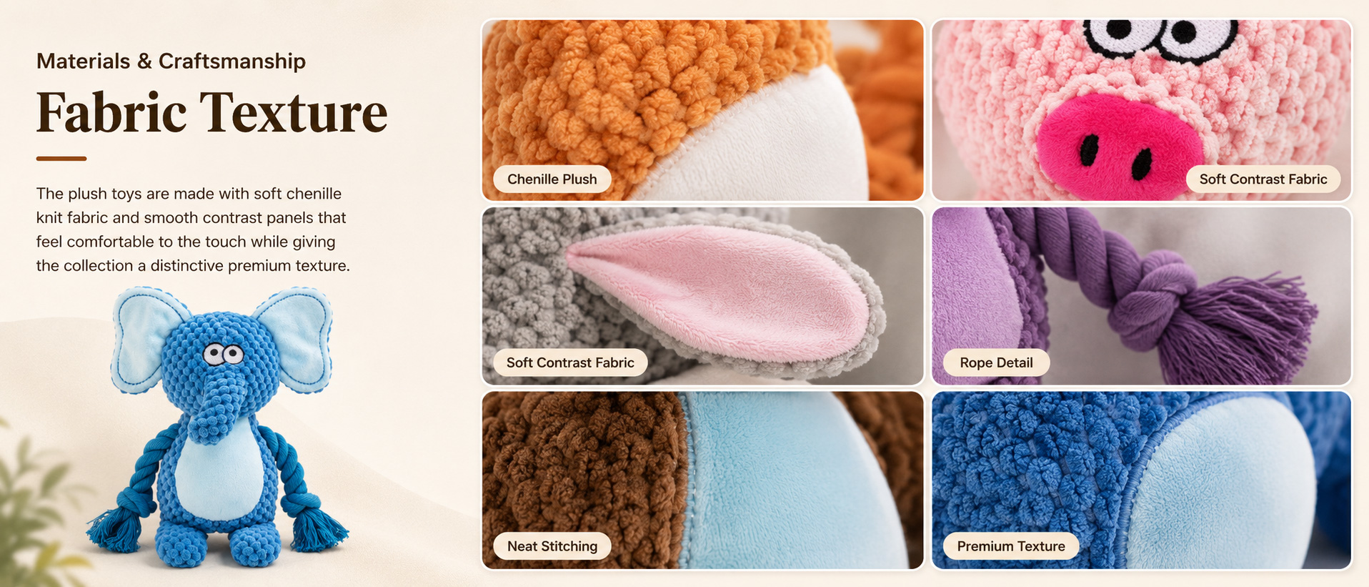 Materials and Craftsmanship

For an OEM Pet Dog Plush Toy, fabric durability, clean stitching, stable squeaker placement, safe structure, and cute cartoon shaping are important.