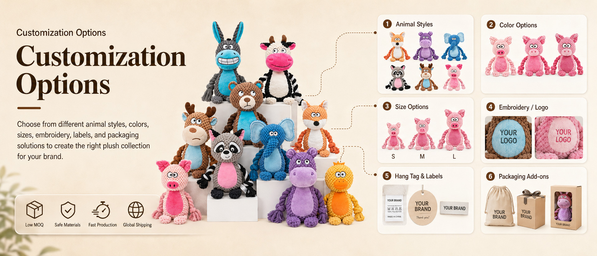 Animal Design	Dog, Duck, Bear, Rabbit, Fox, Pig, Elephant, Dinosaur, Fish, Bone Shape, or Buyer-Owned Cartoon Animal
Dog Size Target	Small Dogs, Medium Dogs, Large Dogs, Puppies, Gentle Chewers, or Buyer-Specified Pet Size Range
Fabric Choice	Corduroy Plush, Short Plush, PV Fleece, Canvas Detail, Oxford Fabric Panel, Rope Fabric, or Custom Textile