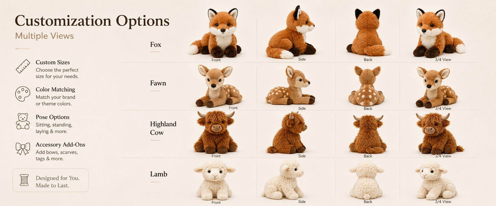 Animal Type	Farm Animals, Wildlife Animals, Jungle Animals, Forest Animals, Zoo Animals, or Buyer-Requested Animals
Animal Style	Cute Cartoon Style, Realistic Style, Baby Animal Style, Mascot Style, or Character Design
Size	Mini Plush, Medium Plush, Large Plush, Giant Plush, or Custom Dimensions