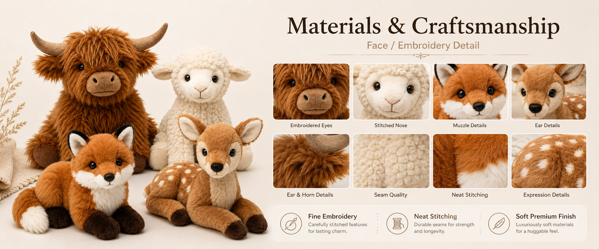 Materials and Craftsmanship

As a custom stuffed animal toys manufacturer, we focus on soft fabric selection, balanced filling, neat stitching, and clear animal details.