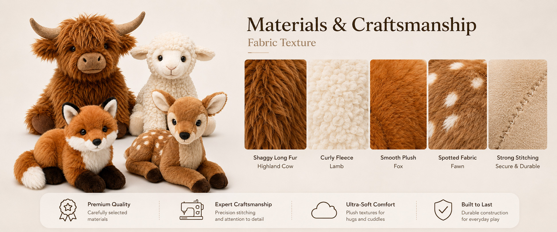 Materials and Craftsmanship

As a custom stuffed animal toys manufacturer, we focus on soft fabric selection, balanced filling, neat stitching, and clear animal details.