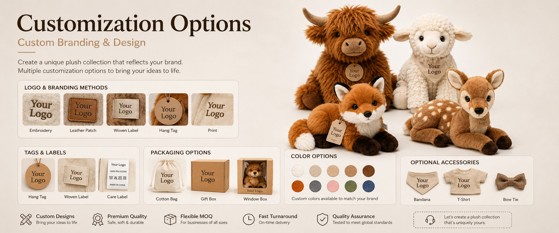 Animal Type	Farm Animals, Wildlife Animals, Jungle Animals, Forest Animals, Zoo Animals, or Buyer-Requested Animals
Animal Style	Cute Cartoon Style, Realistic Style, Baby Animal Style, Mascot Style, or Character Design
Size	Mini Plush, Medium Plush, Large Plush, Giant Plush, or Custom Dimensions