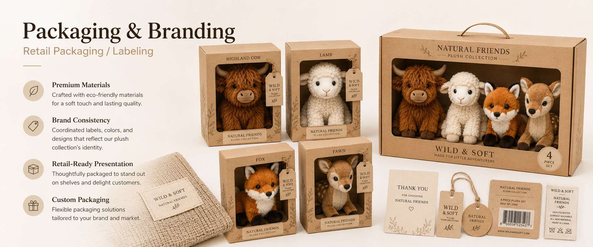 Individual Poly Bag	Protects each plush toy during storage and shipment
Custom Hang Tag	Adds animal name, product details, barcode, logo, and retail information
Woven Label	Supports private label branding and professional product identity