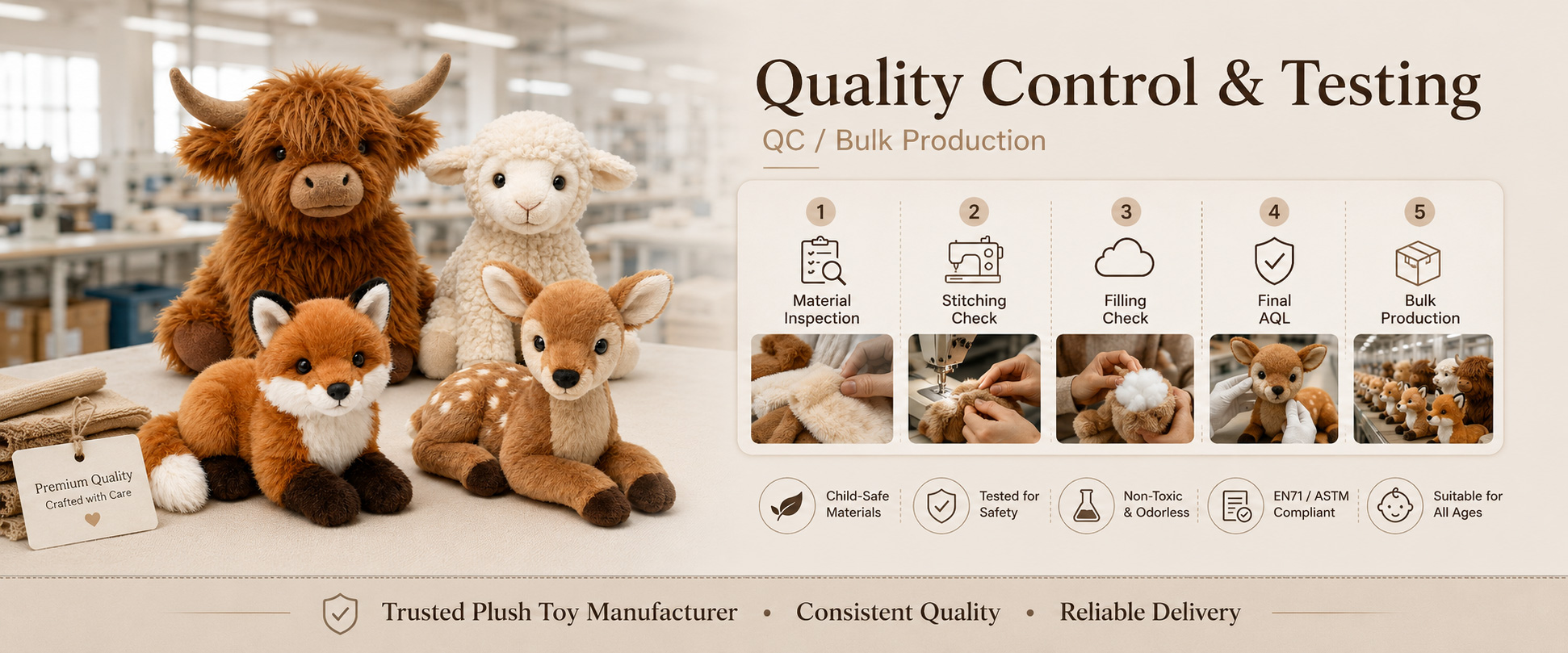Material Check	Plush fabric softness, color, texture, and material consistency
Sample Review	Animal size, shape, face design, body proportion, and overall appearance
Cutting Check	Fabric pattern accuracy and part consistency