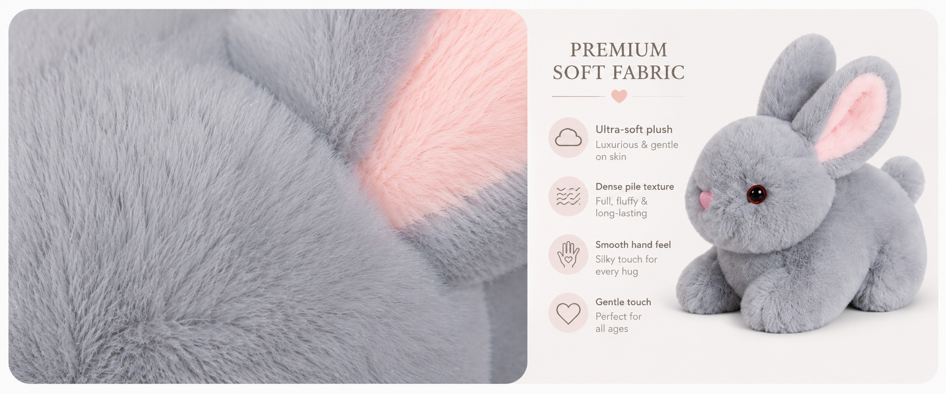 Materials and Craftsmanship As a plush toy manufacturer, we focus on soft fabric selection, balanced filling, clean stitching, and cute animal details.