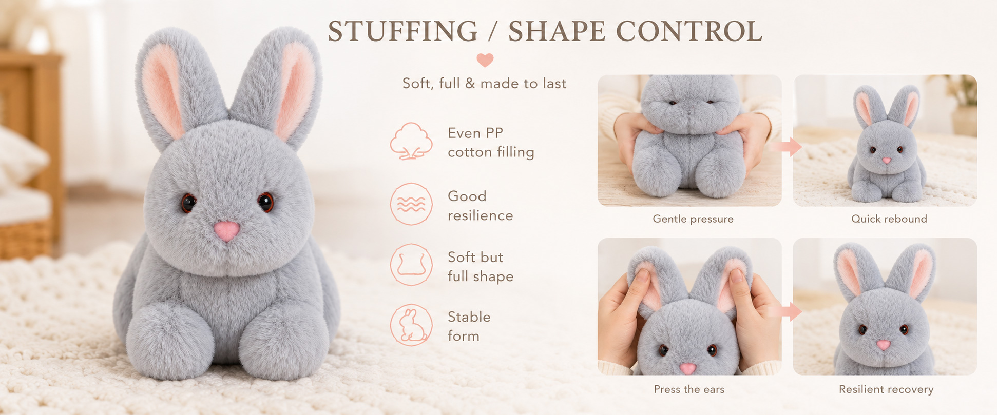Materials and Craftsmanship As a plush toy manufacturer, we focus on soft fabric selection, balanced filling, clean stitching, and cute animal details.