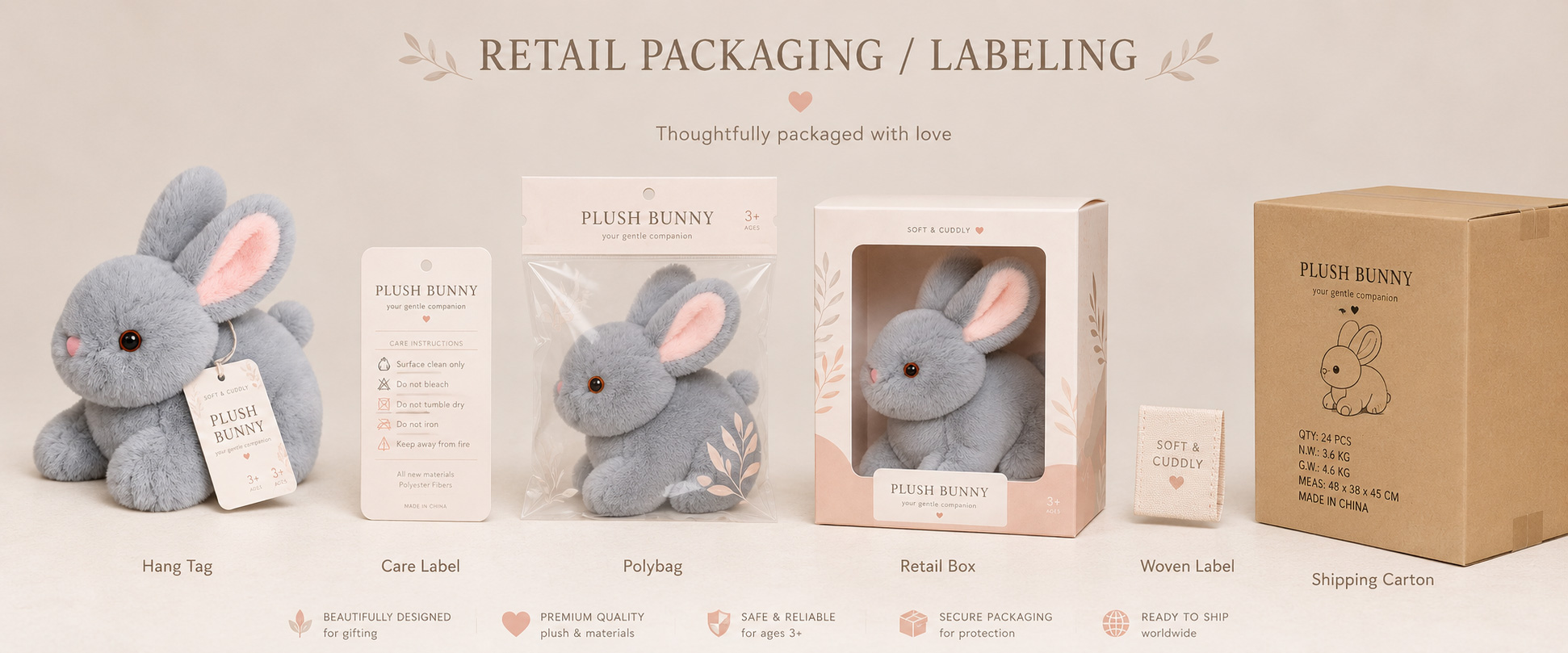 Individual Poly Bag Protects each rabbit plush toy during storage and shipment Custom Hang Tag Adds product information, barcode, logo, rabbit name, and retail details Woven Label Supports private label branding and professional product identity