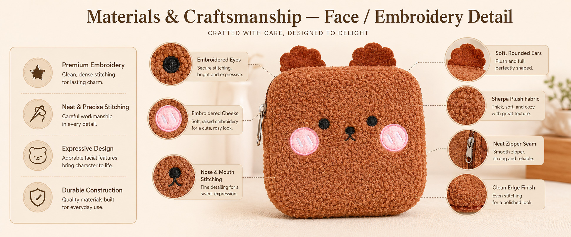 Materials and Craftsmanship

For a Mini Plush Wallet Bag, soft fabric texture, neat stitching, smooth zipper, clean cartoon shaping, and stable lining are important.